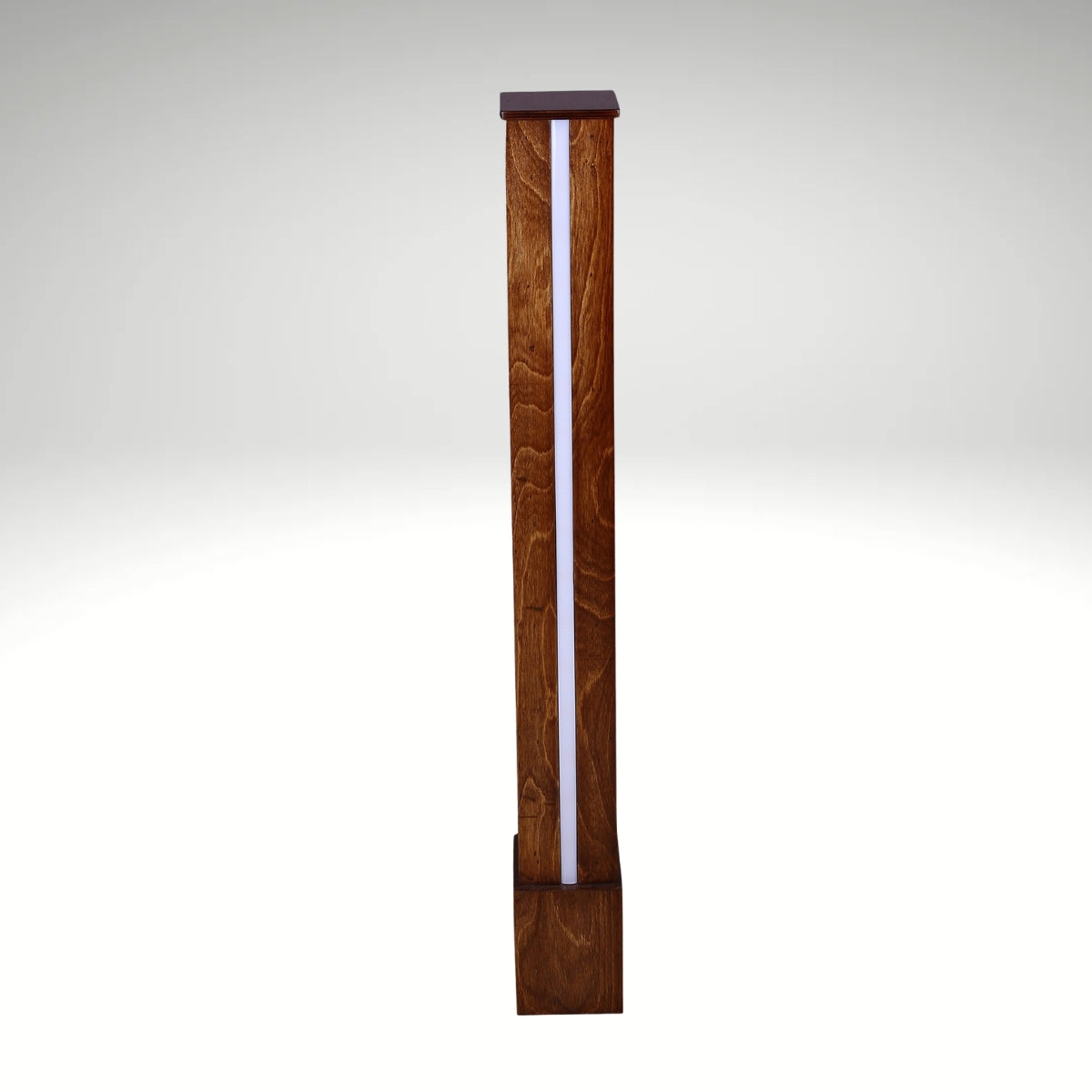 Minimalist timber accent light in a tall rectangular pillar design with an illuminated central vertical channel.