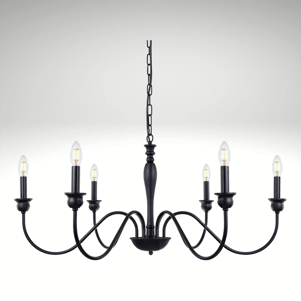 Matte black 6-light candle-style chandelier with curved arms hanging from a chain.