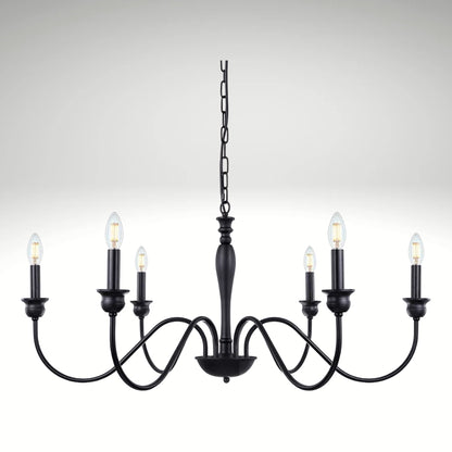 Matte black 6-light candle-style chandelier with curved arms hanging from a chain.