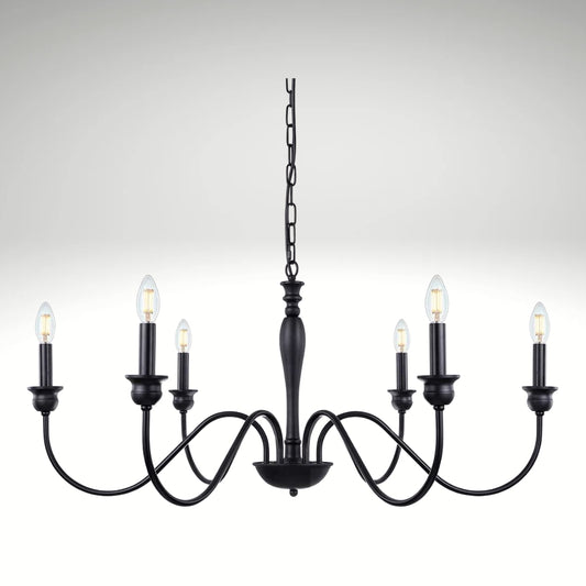 Matte black 6-light candle-style chandelier with curved arms hanging from a chain.