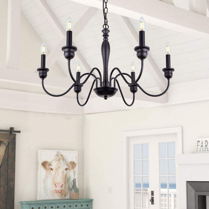 Matte black 6-light candle-style chandelier with curved arms hanging from a chain.