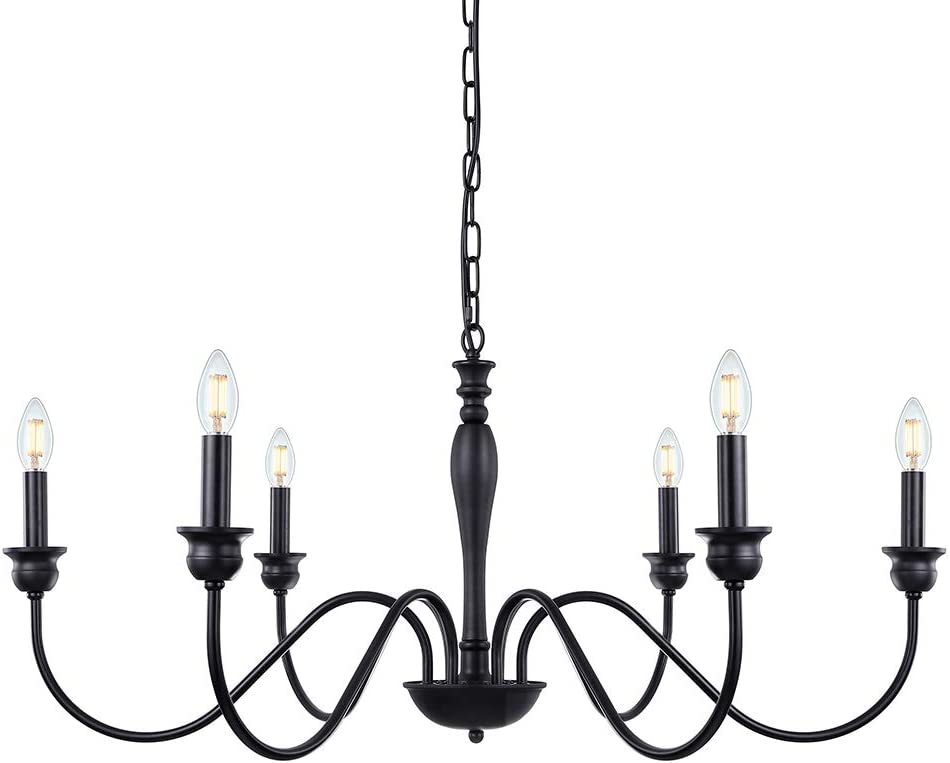 Matte black 6-light candle-style chandelier with curved arms hanging from a chain.