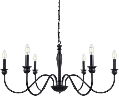 Matte black 6-light candle-style chandelier with curved arms hanging from a chain.