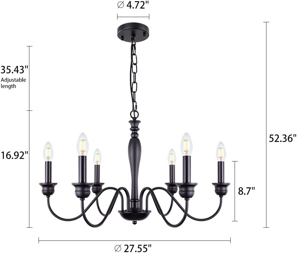 Matte black 6-light candle-style chandelier with curved arms hanging from a chain.