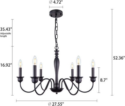 Matte black 6-light candle-style chandelier with curved arms hanging from a chain.