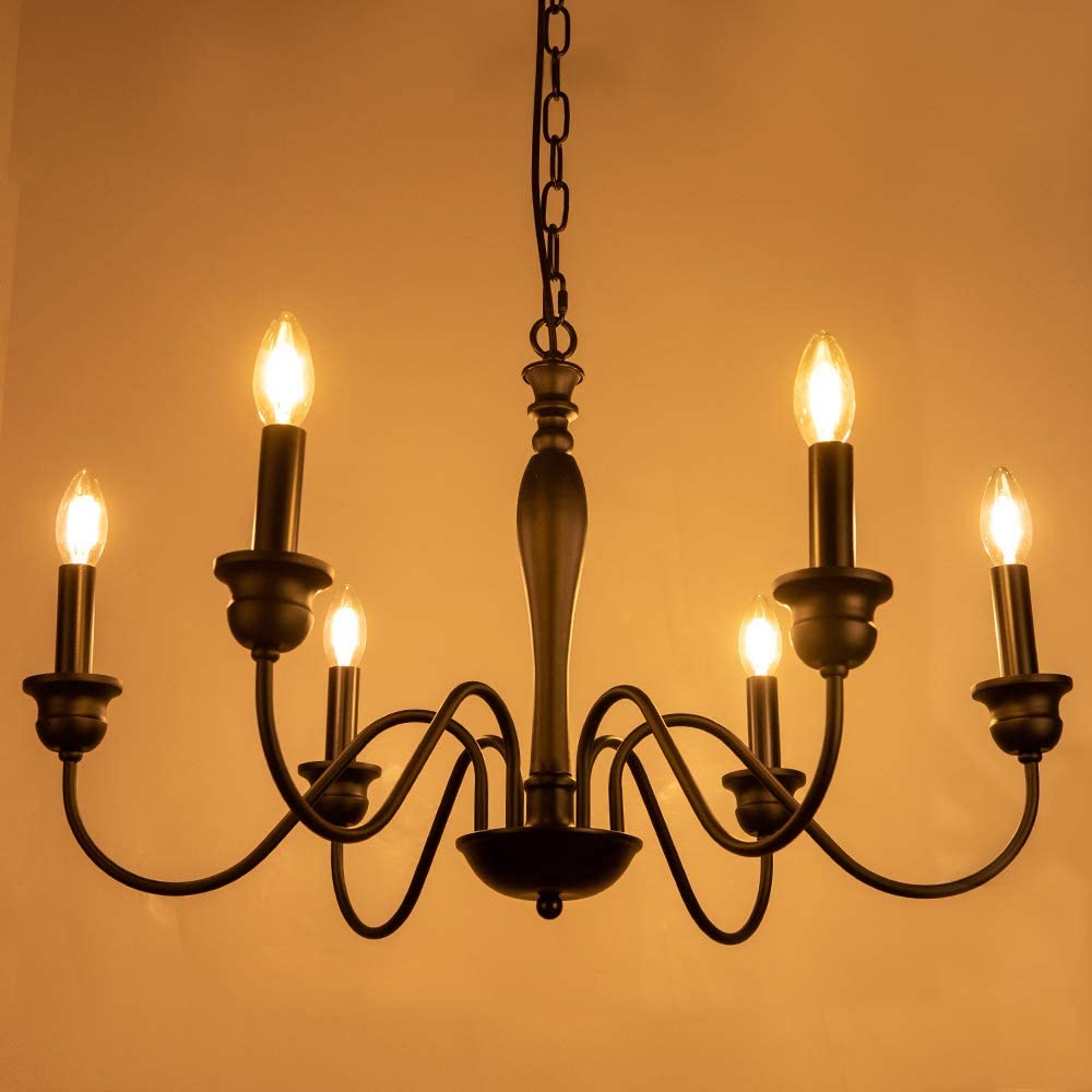 Matte black 6-light candle-style chandelier with curved arms hanging from a chain.