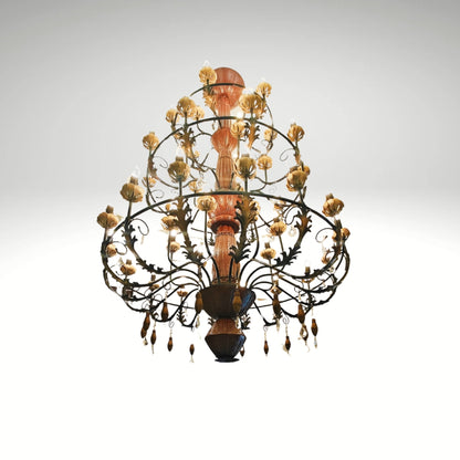 Large vintage-style antique chandelier with multiple layers of warm lights shaped like blooming flowers and decorative metal framing.