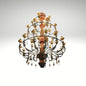 Large vintage-style antique chandelier with multiple layers of warm lights shaped like blooming flowers and decorative metal framing.