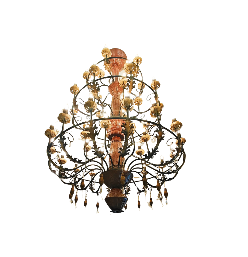 Large vintage-style antique chandelier with multiple layers of warm lights shaped like blooming flowers and decorative metal framing.