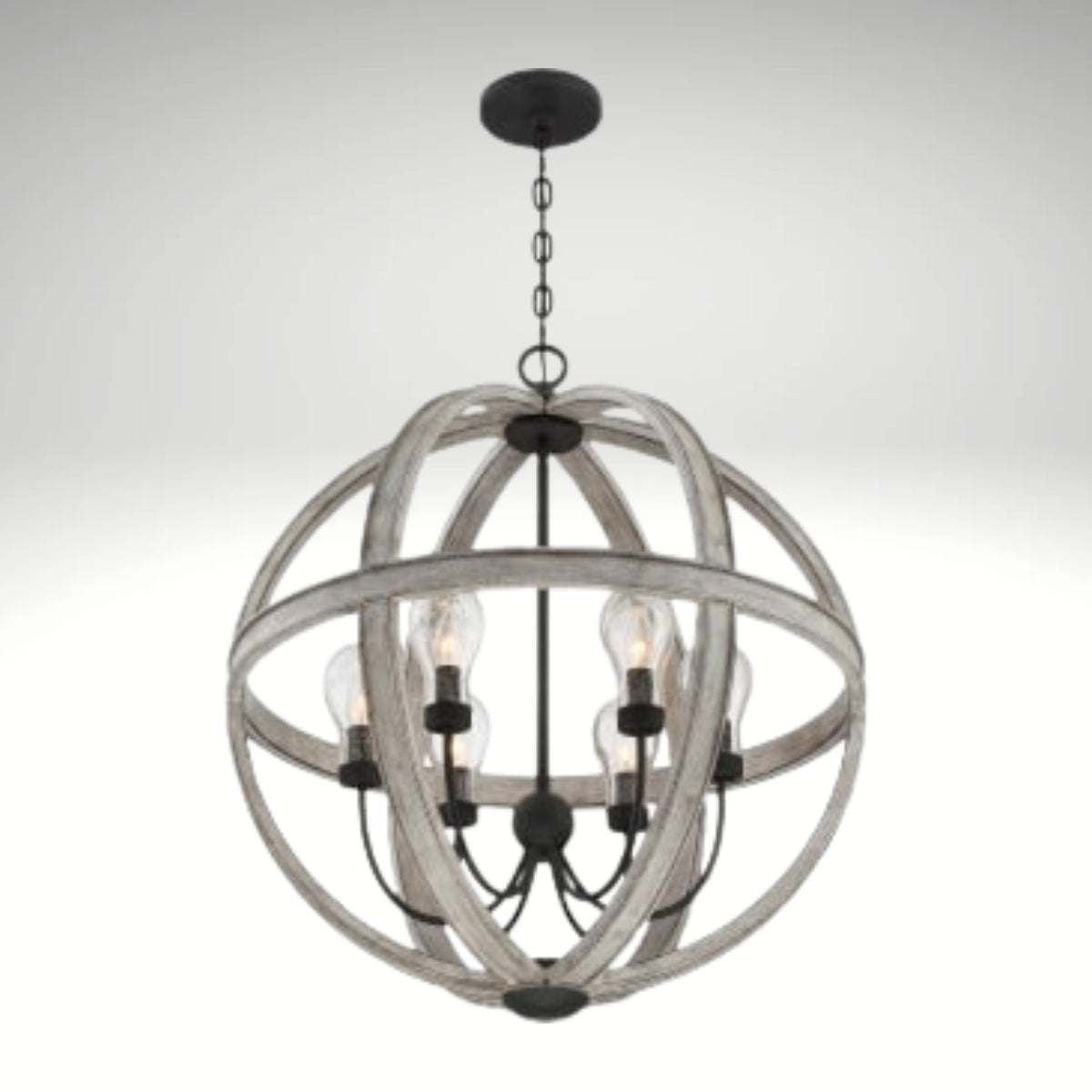 A 5-light orb chandelier featuring weathered gray wood rings and matte black metal hardware.