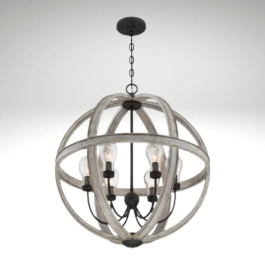 A 5-light orb chandelier featuring weathered gray wood rings and matte black metal hardware.