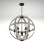 A 5-light orb chandelier featuring weathered gray wood rings and matte black metal hardware.