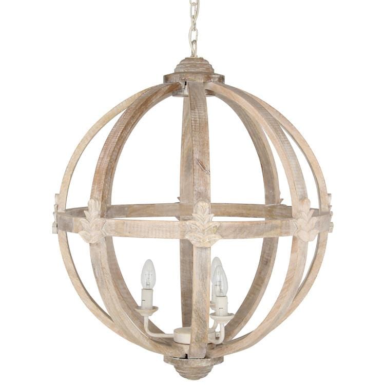A 5-light orb chandelier featuring weathered gray wood rings and matte black metal hardware.