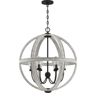 A 5-light orb chandelier featuring weathered gray wood rings and matte black metal hardware.