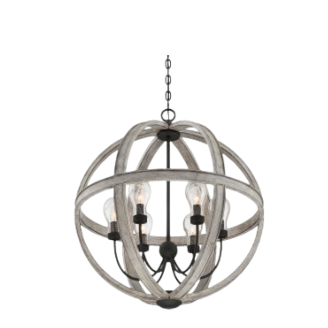 A 5-light orb chandelier featuring weathered gray wood rings and matte black metal hardware.