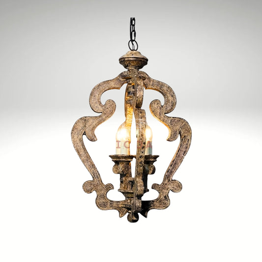 Antique-finish wooden pendant light in baroque style
