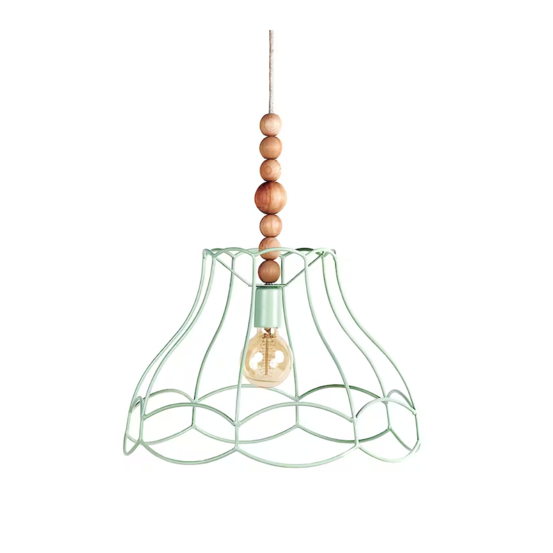 A rustic semi-flush mount ceiling light with a textured dome shade and a glowing bulb.