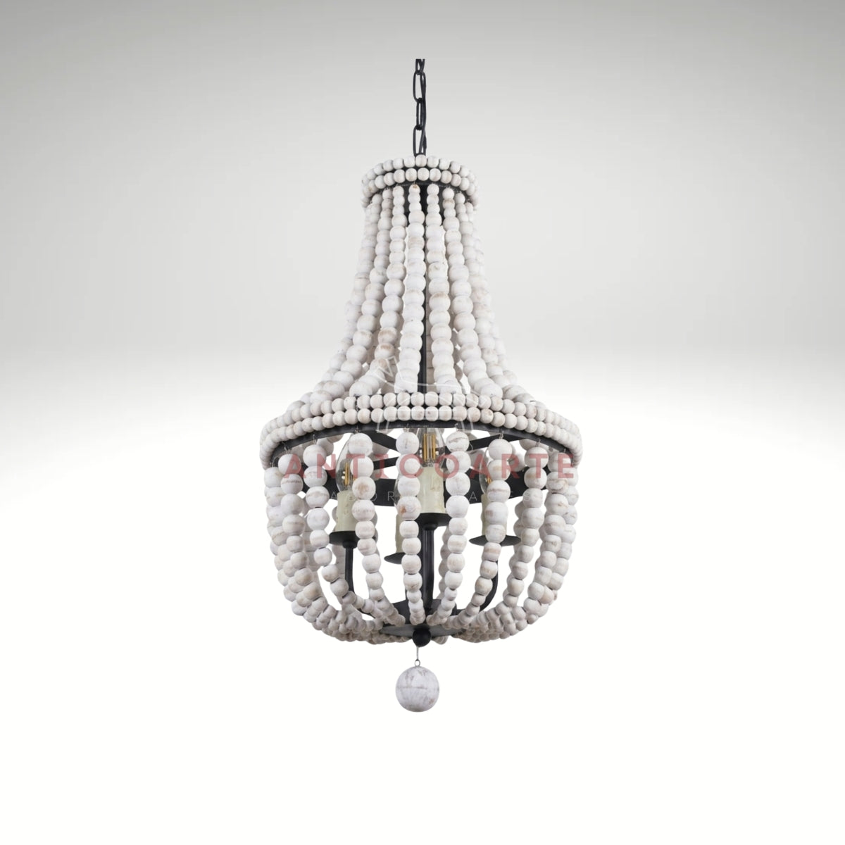 Elegant empire chandelier made with layers of distressed white wood beads and a black metal frame