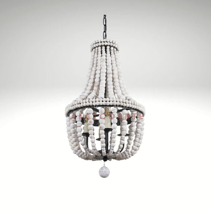 Elegant empire chandelier made with layers of distressed white wood beads and a black metal frame