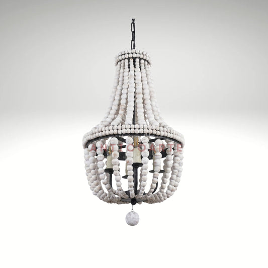 Elegant empire chandelier made with layers of distressed white wood beads and a black metal frame