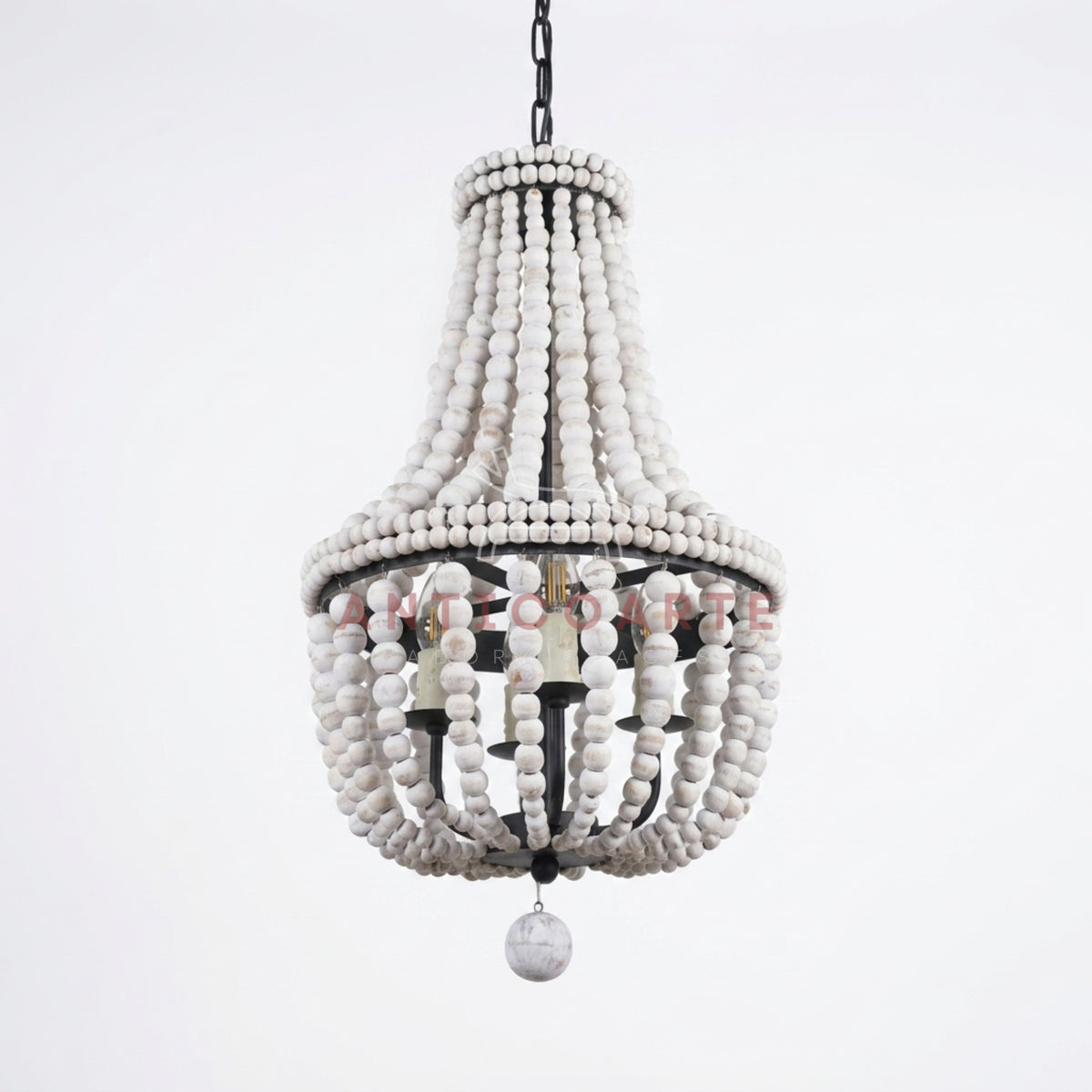 Elegant empire chandelier made with layers of distressed white wood beads and a black metal frame