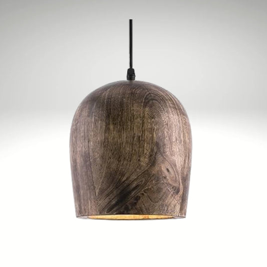 A bell-shaped pendant light made of dark mango wood hanging