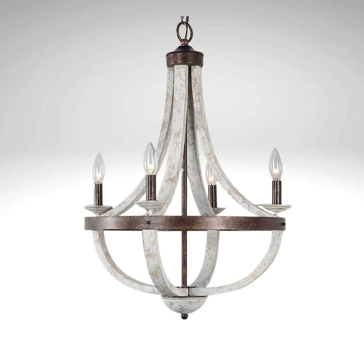 Vintage rustic crown-style wood chandelier featuring weathered white paint and exposed candle bulbs.