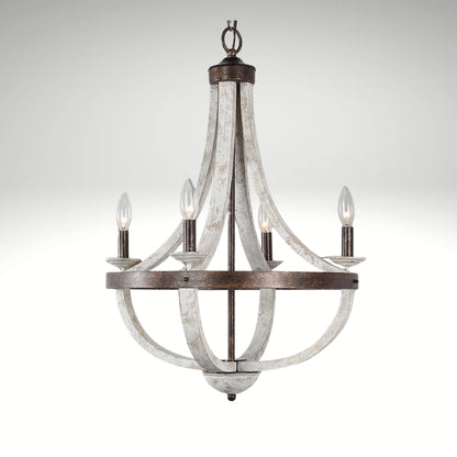 Vintage rustic crown-style wood chandelier featuring weathered white paint and exposed candle bulbs.