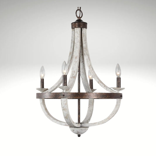 Vintage rustic crown-style wood chandelier featuring weathered white paint and exposed candle bulbs.