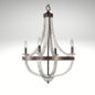 Vintage rustic crown-style wood chandelier featuring weathered white paint and exposed candle bulbs.