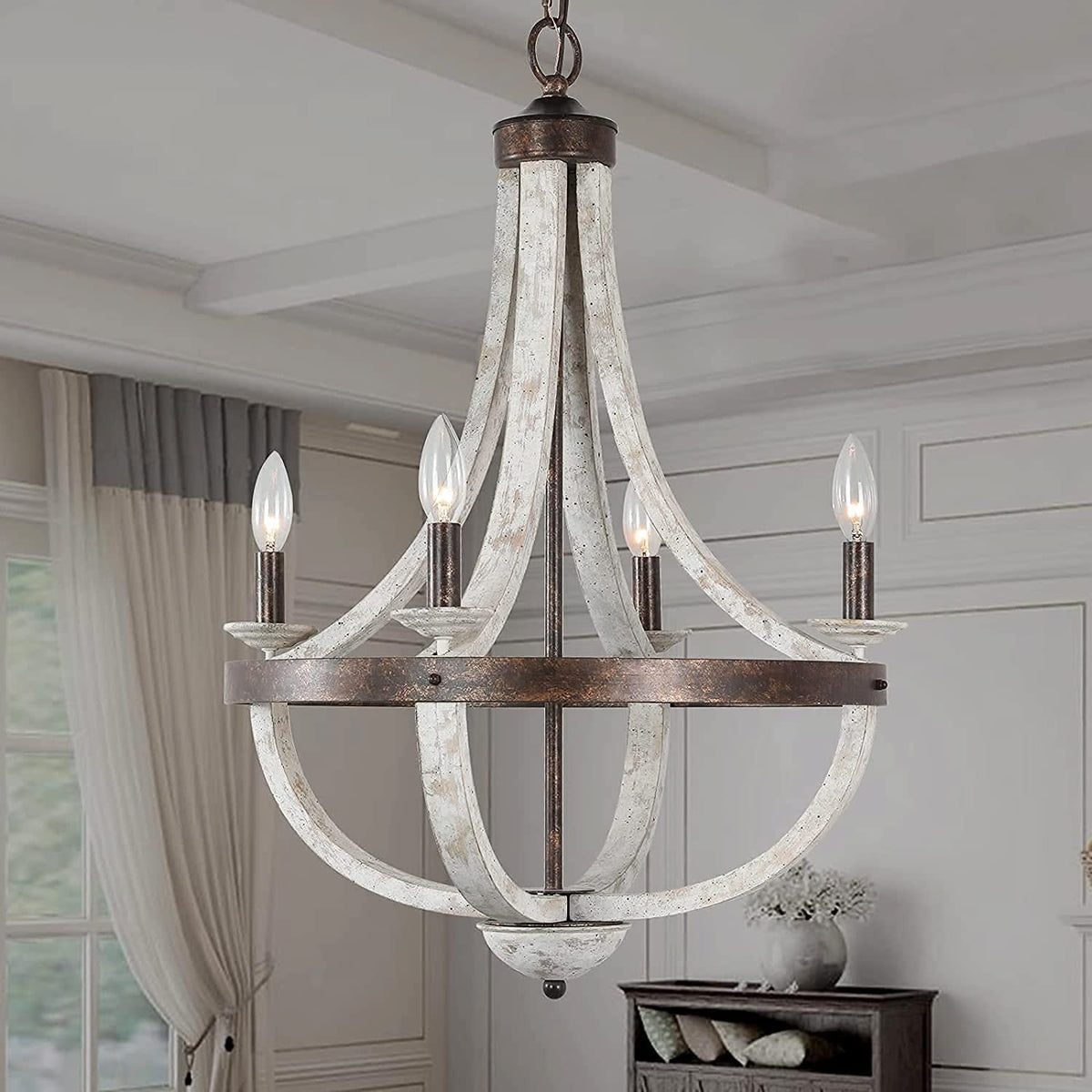 Vintage rustic crown-style wood chandelier featuring weathered white paint and exposed candle bulbs.