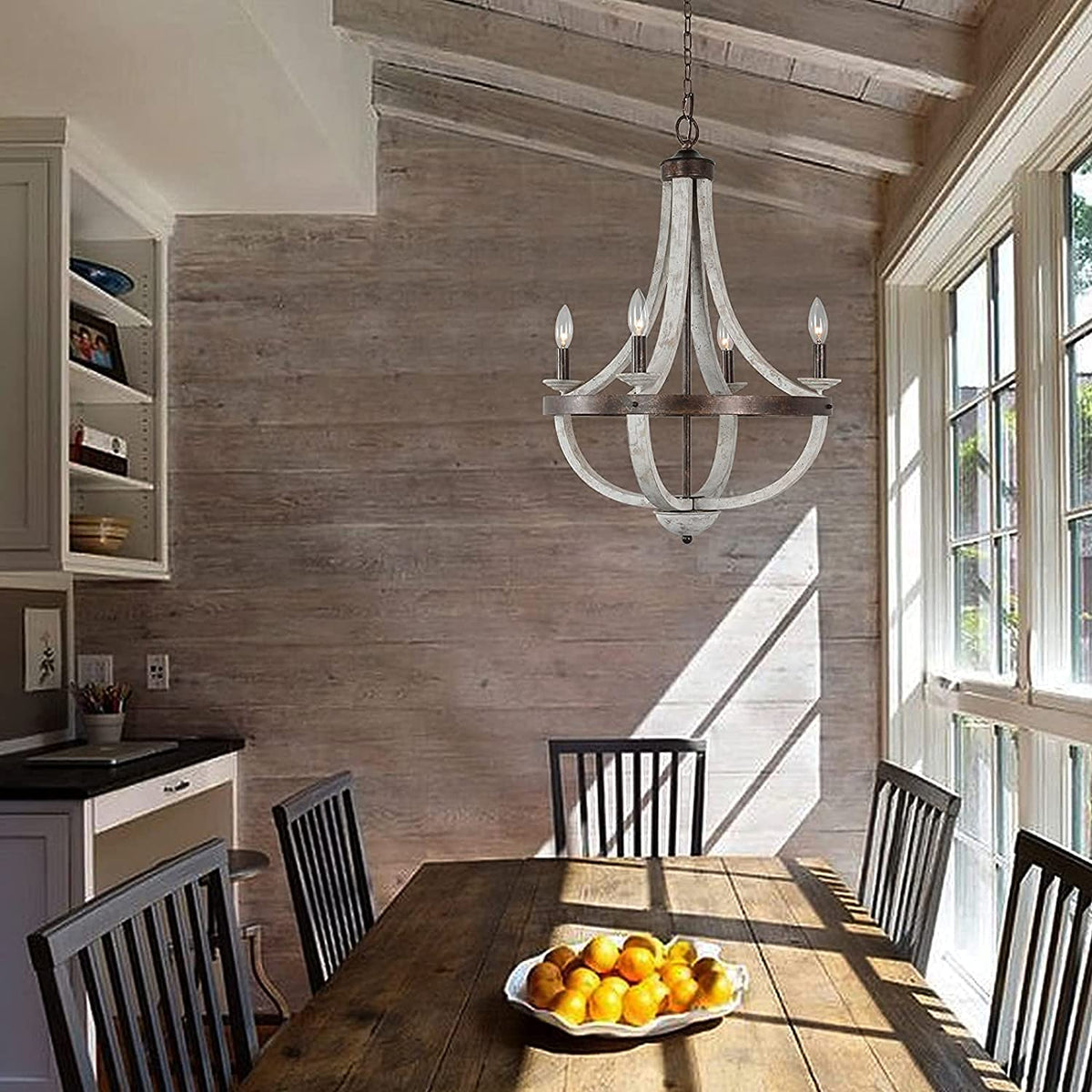 Vintage rustic crown-style wood chandelier featuring weathered white paint and exposed candle bulbs.
