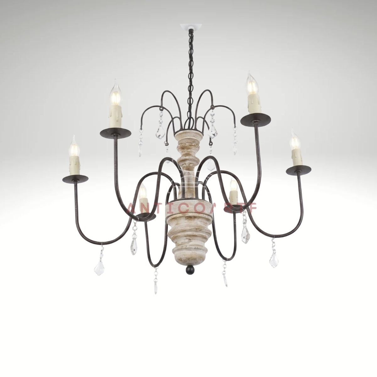 Rustic 6-light candle chandelier with a distressed white wood spindle, curved bronze metal arms, and hanging crystal accents.