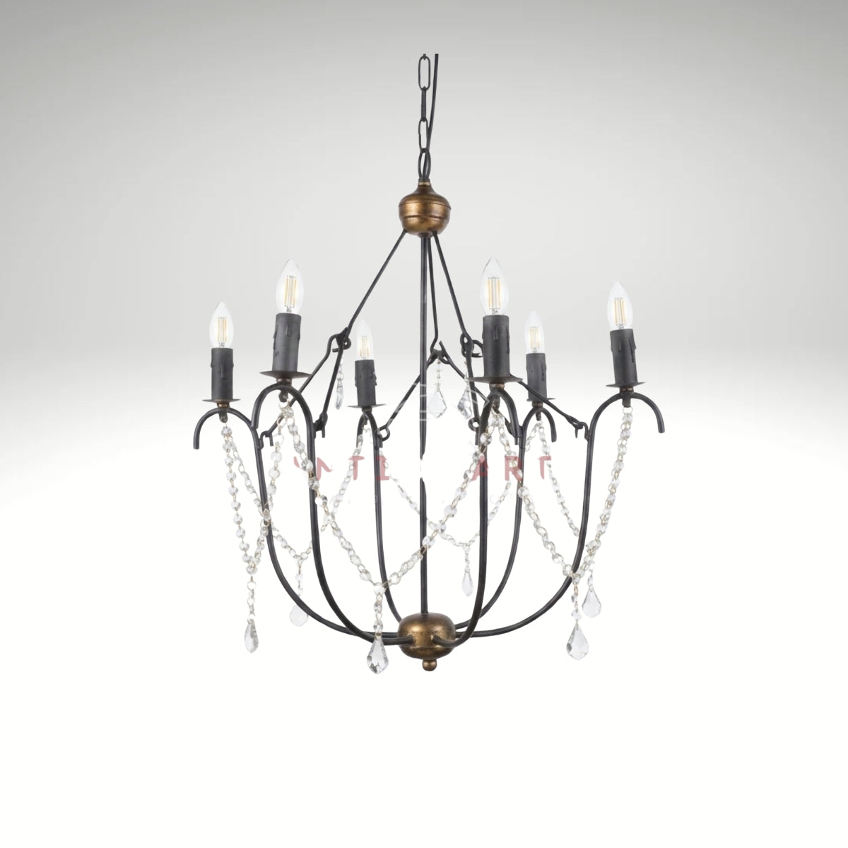 A 6-light candle-style chandelier featuring a black wrought iron cage frame, distressed bronze hardware accents, and delicate hanging crystal bead chains with teardrop pendants.