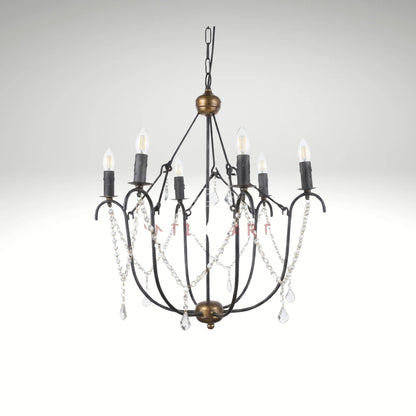 A 6-light candle-style chandelier featuring a black wrought iron cage frame, distressed bronze hardware accents, and delicate hanging crystal bead chains with teardrop pendants.