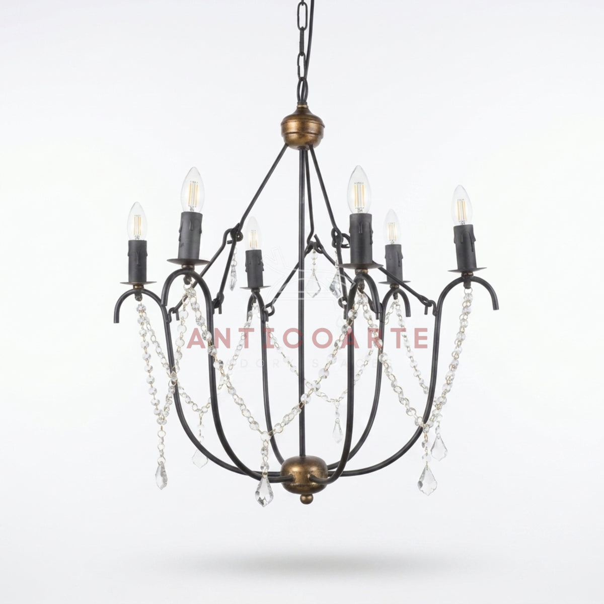 A 6-light candle-style chandelier featuring a black wrought iron cage frame, distressed bronze hardware accents, and delicate hanging crystal bead chains with teardrop pendants.