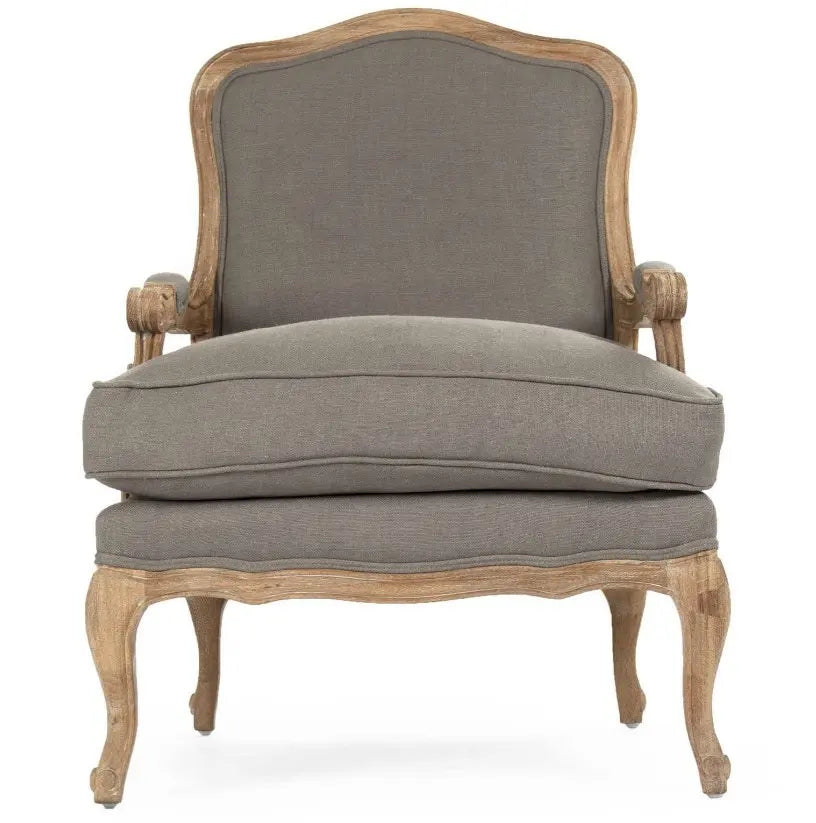 A classic French country style armchair with a weathered natural wood frame and comfortable grey linen upholstered cushions.