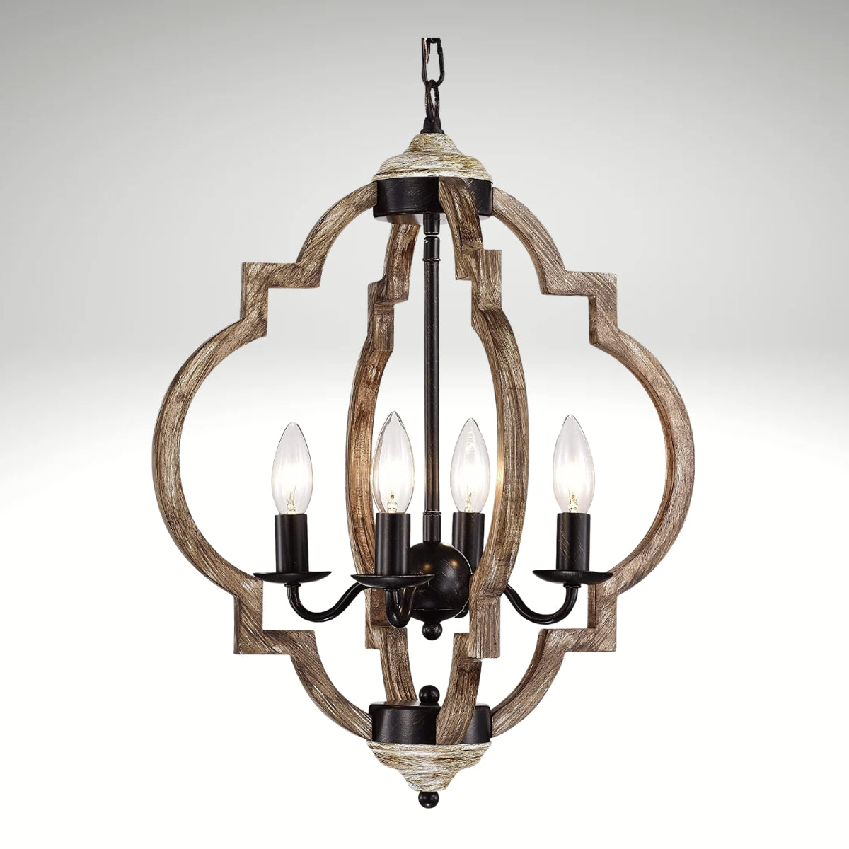 Rustic wooden globe pendant light fixture with four illuminated faux-candle bulbs hanging from a chain.