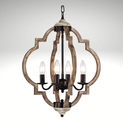 Rustic wooden globe pendant light fixture with four illuminated faux-candle bulbs hanging from a chain.