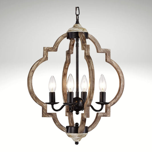 Rustic wooden globe pendant light fixture with four illuminated faux-candle bulbs hanging from a chain.