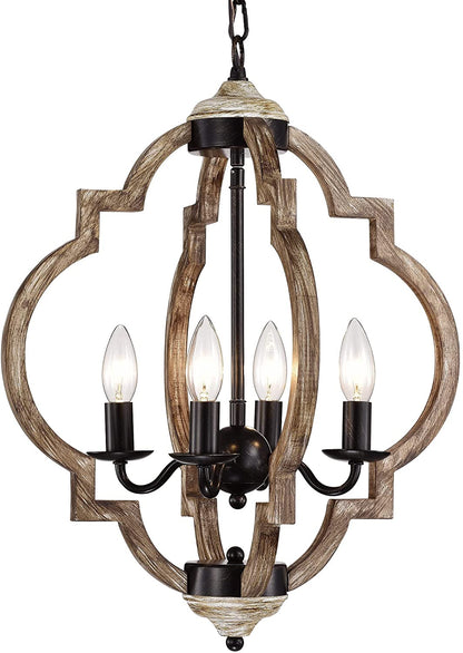Rustic wooden globe pendant light fixture with four illuminated faux-candle bulbs hanging from a chain.