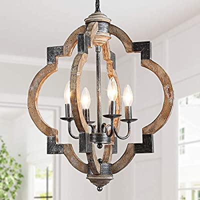 Rustic wooden globe pendant light fixture with four illuminated faux-candle bulbs hanging from a chain.
