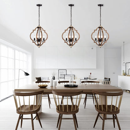 Rustic wooden globe pendant light fixture with four illuminated faux-candle bulbs hanging from a chain.