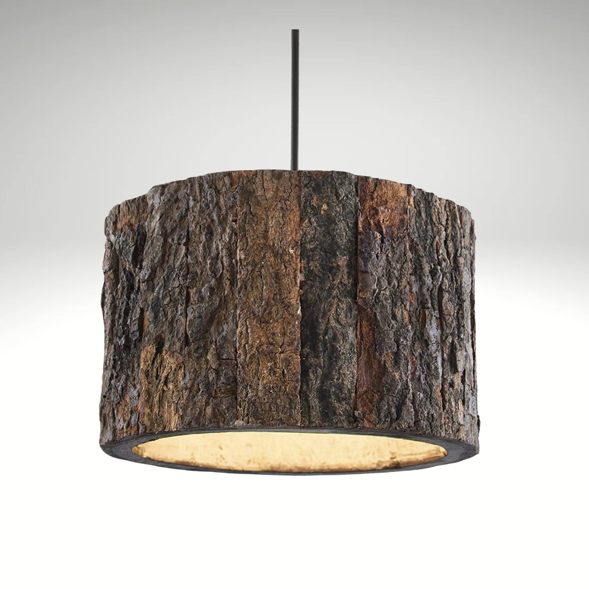 A rustic drum-shaped ceiling lamp featuring a realistic brown wood bark exterior.