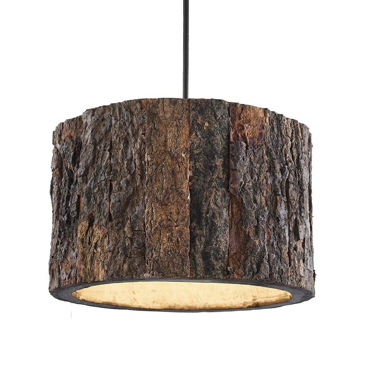 A rustic drum-shaped ceiling lamp featuring a realistic brown wood bark exterior.
