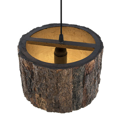 A rustic drum-shaped ceiling lamp featuring a realistic brown wood bark exterior.
