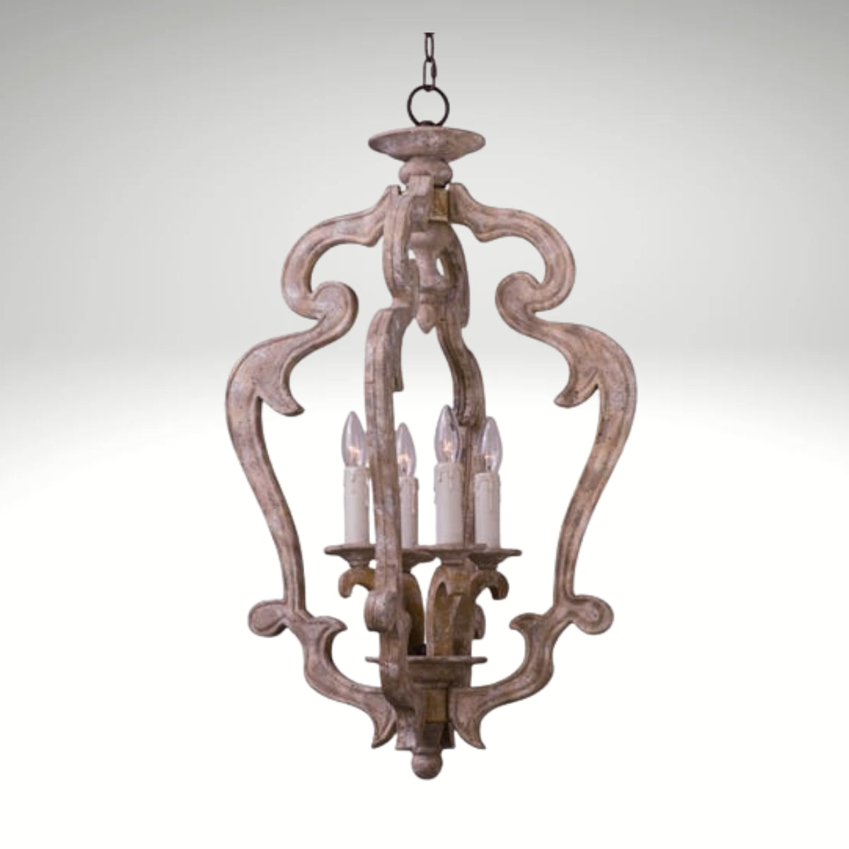 Rustic farmhouse 4-light wooden pendant chandelier with an open quatrefoil frame and weathered finish.