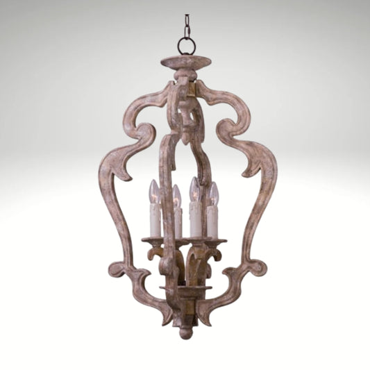 Rustic farmhouse 4-light wooden pendant chandelier with an open quatrefoil frame and weathered finish.