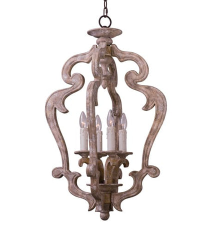 Rustic farmhouse 4-light wooden pendant chandelier with an open quatrefoil frame and weathered finish.