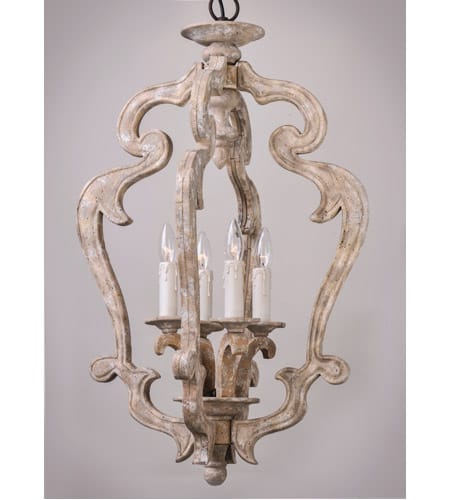 Rustic farmhouse 4-light wooden pendant chandelier with an open quatrefoil frame and weathered finish.